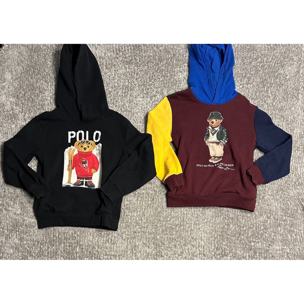 Lot of 2 Polo Ralph Lauren Boys 7 Polo Bear Hoodies Ski Colorblock Pullover